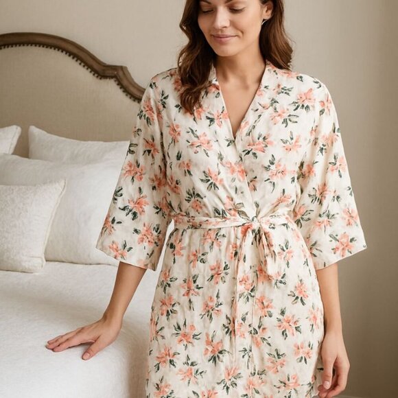 Draper James Other - Draper James Cream & Pink Magnolia Flower Robe Super Soft Sz.L